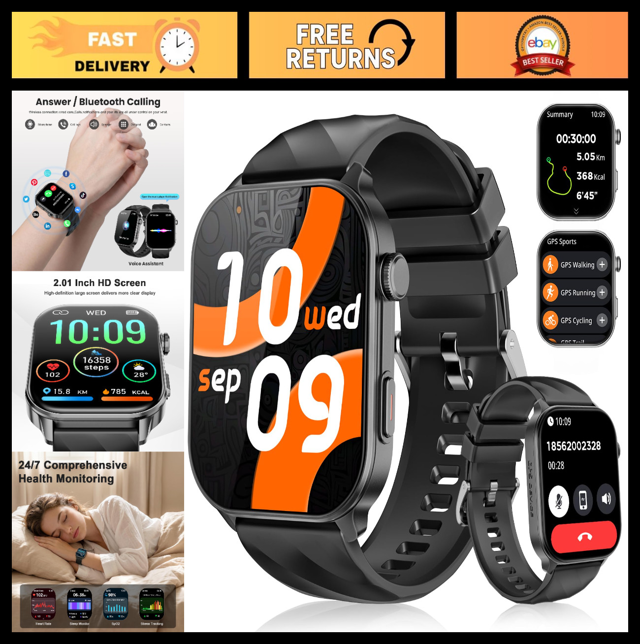 GPS Smartwatch for Men & Women, 2.01″ Fitness Tracker, Calls, 110+ Sports Modes,