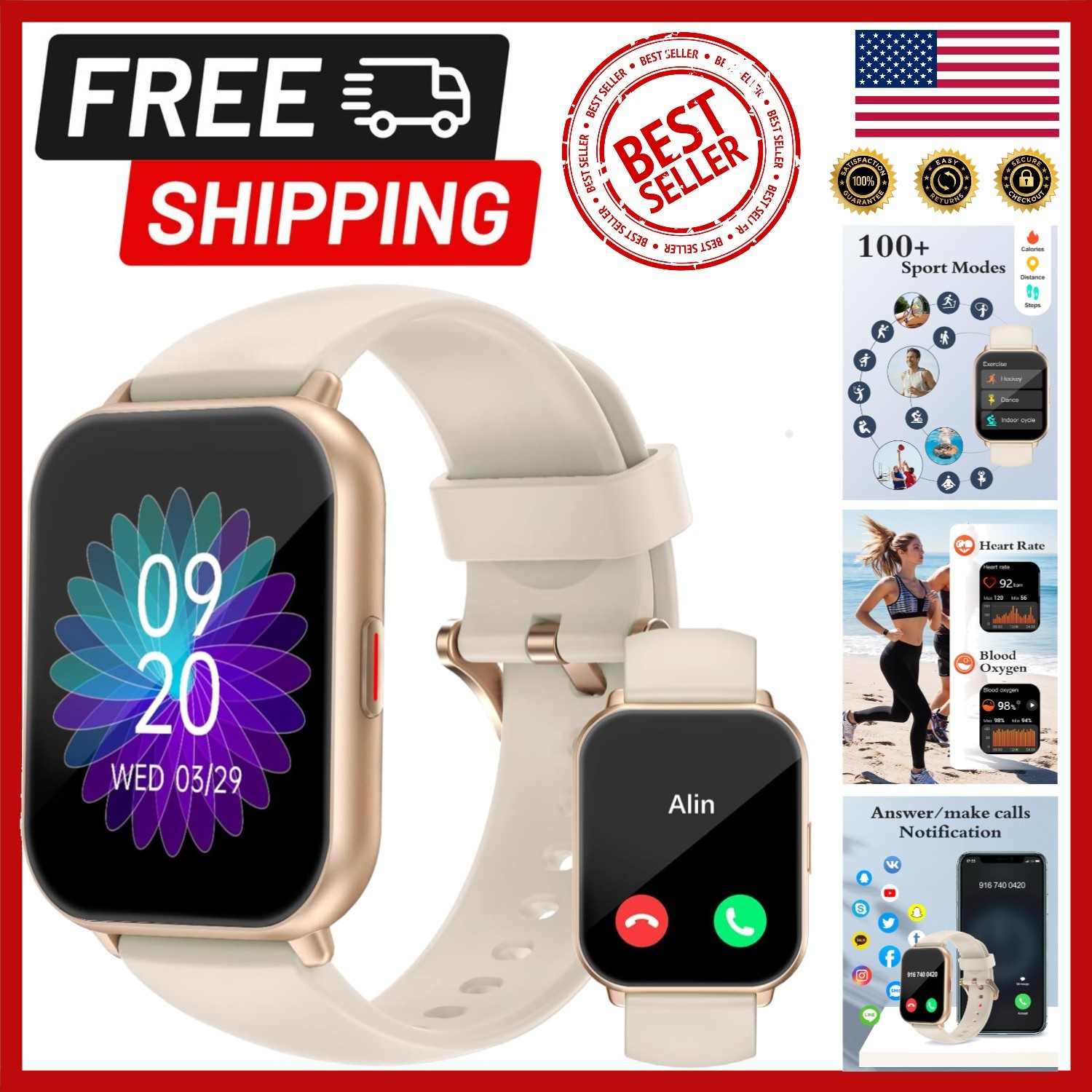 Stylish Fitness Tracking Smartwatch with Notifications & Two Bands Included