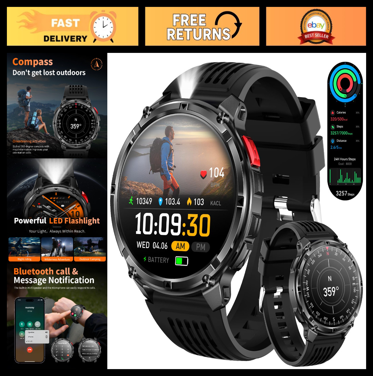 Men’s Military Smart Watch – Fitness Tracker, Waterproof, 100+ Sport Modes, Hear