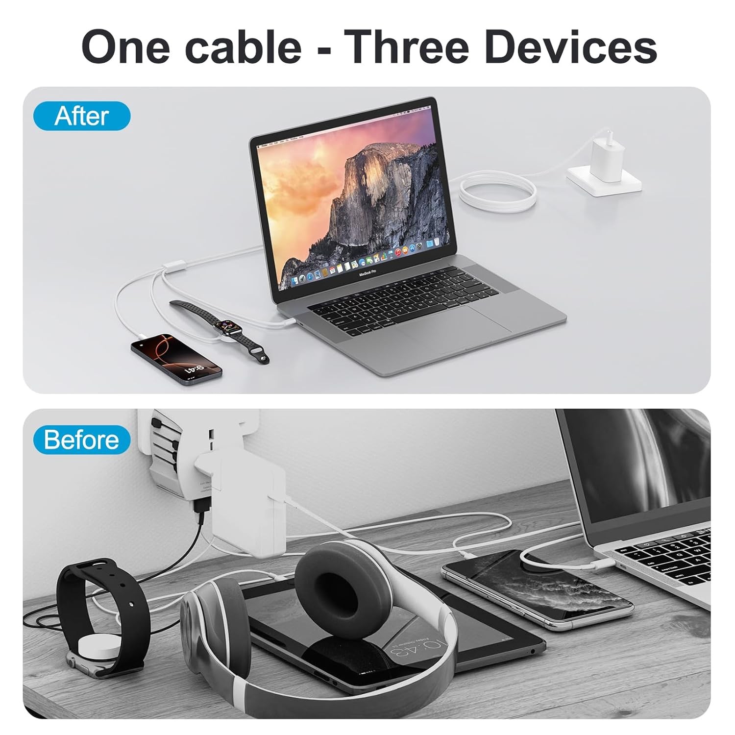 60W 3 in 1 Multi Chargers Cable for Apple Watch Fast Charging, 5FT iWatch Charge