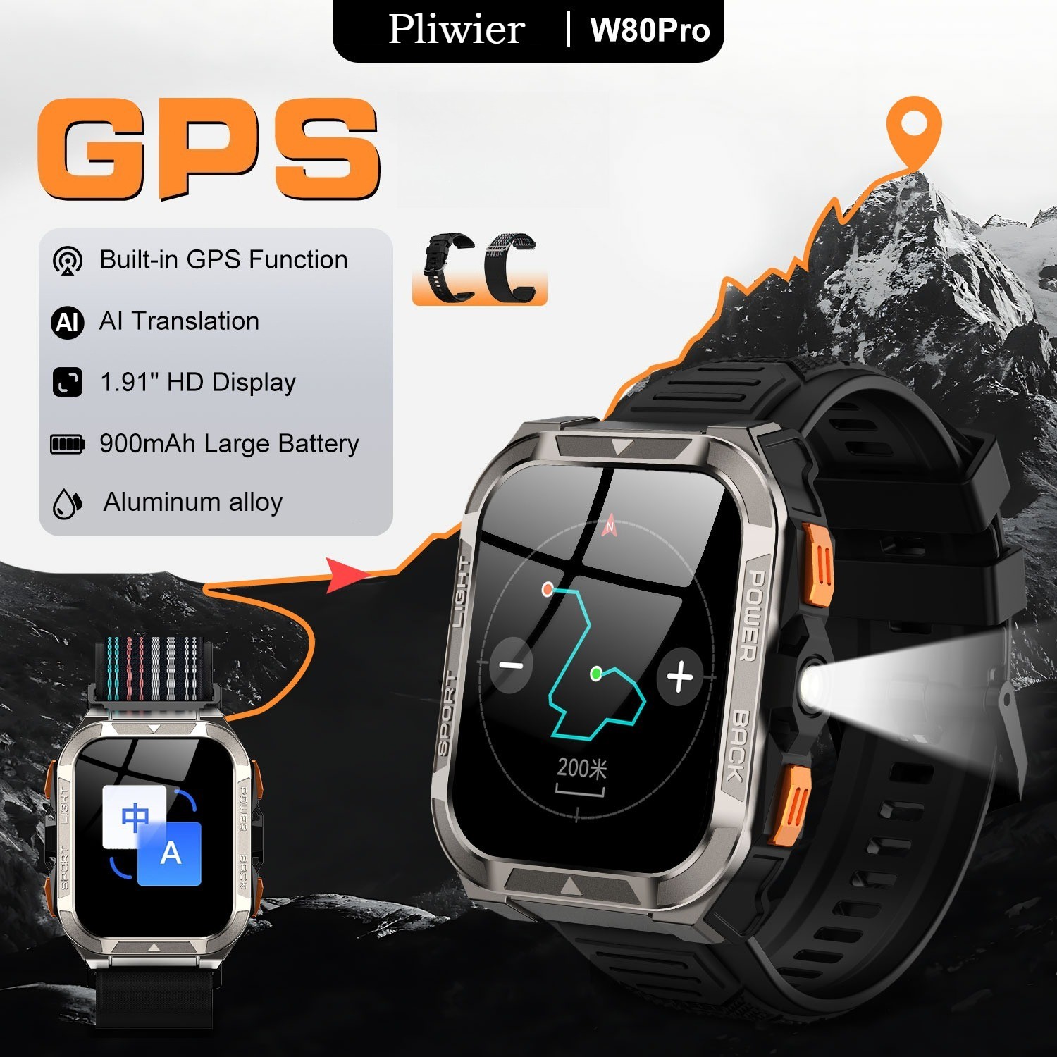 Military smart watch men With GPS Sport Tracker /LED FlishLight 900Mah Battery