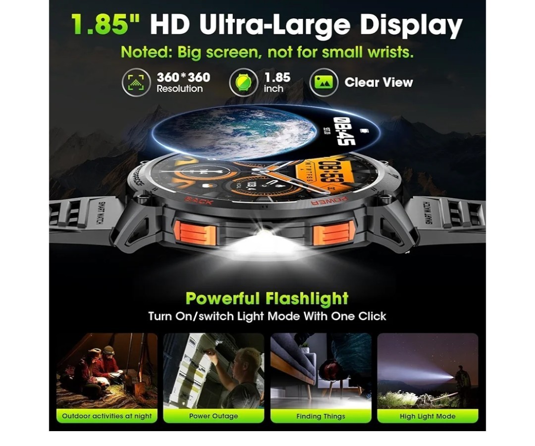 Military Smart Watches for Men, 1.85″ HD Large Screen Smart Watch, Flashlight/73