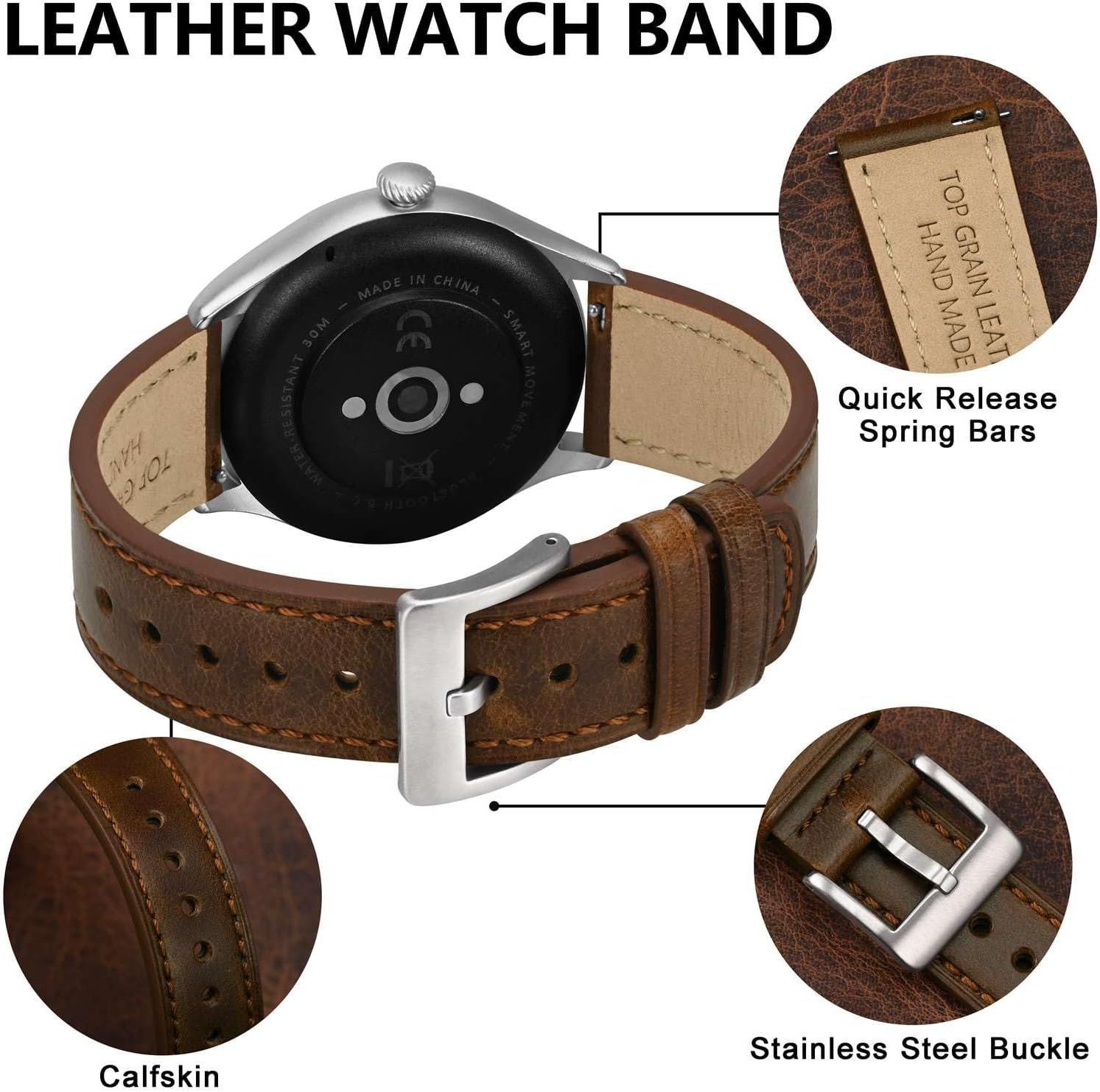 Quick Release Leather Strap for 18mm 20mm 22mm Watches, Dark Brown with Silver B