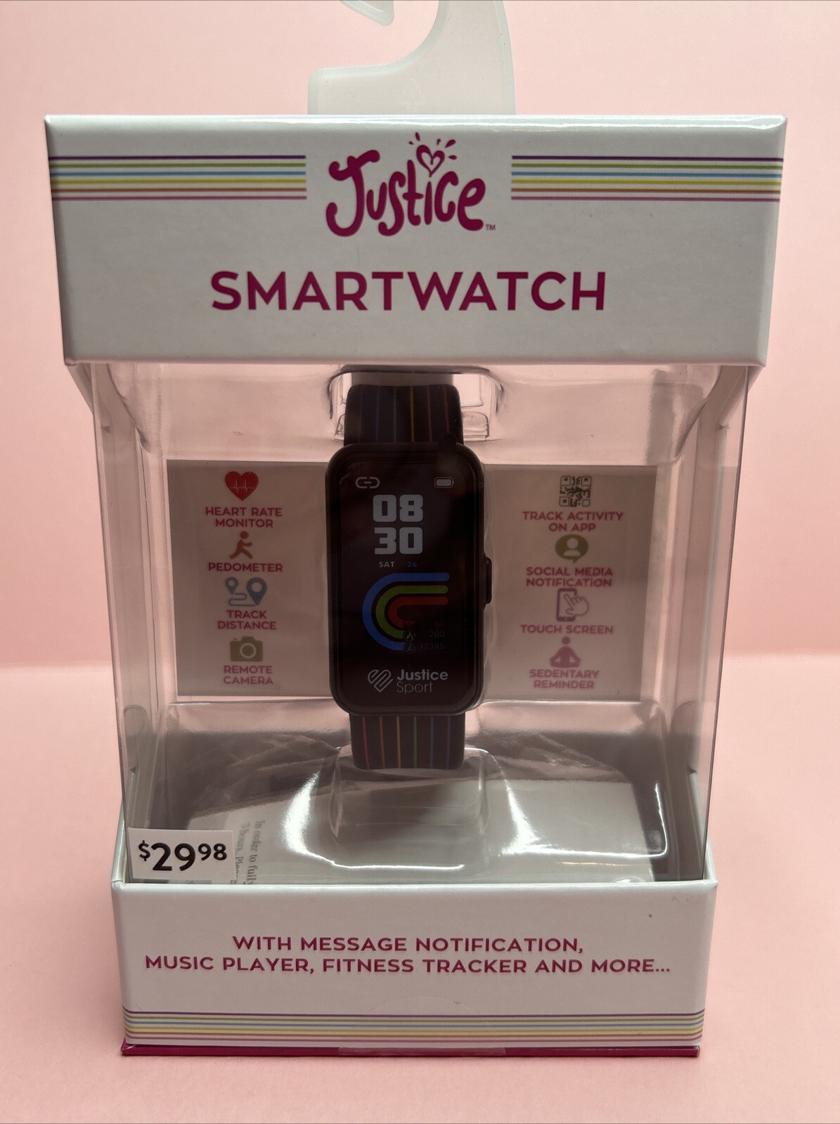 Justice Kids SmartWatch Rectangular Face W/black Rainbow Stripes