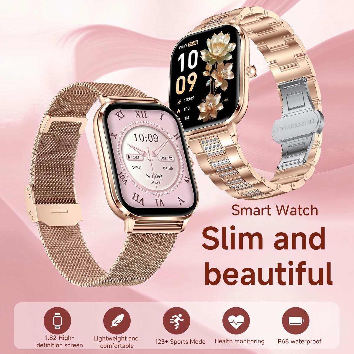 Women Smart Watch 1.82″ HD Touch Screen Bluetooth Call IP68 Waterproof Rose Gold
