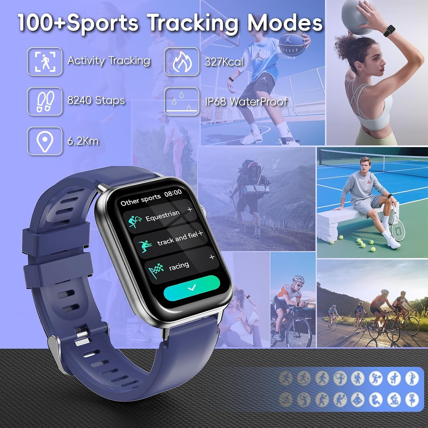 Stylish Bluetooth Smart Watch with 110+ Sports Modes & Long Battery Life in Blue