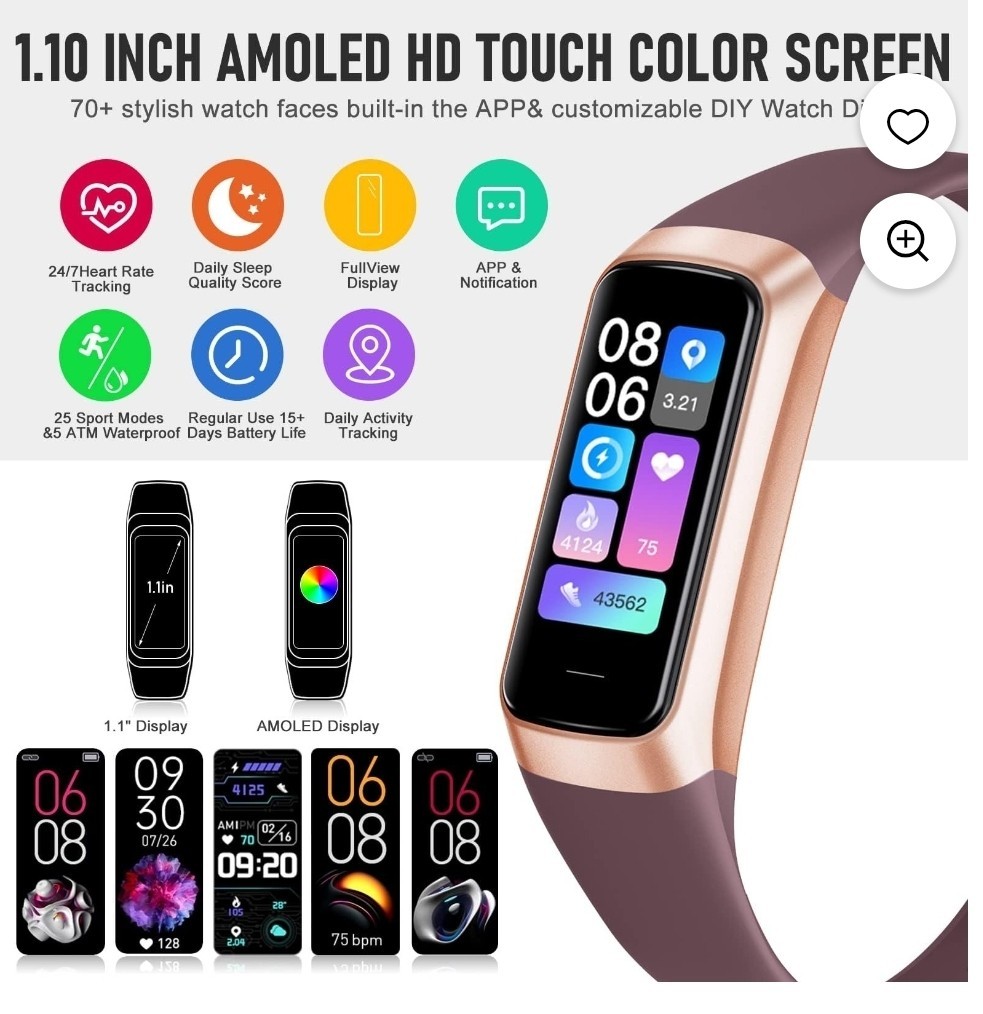 Fitness Tracker with 24/7 Heart Rate Blood Oxygen Sleep Monitor, 1.1 AMOLED Touc