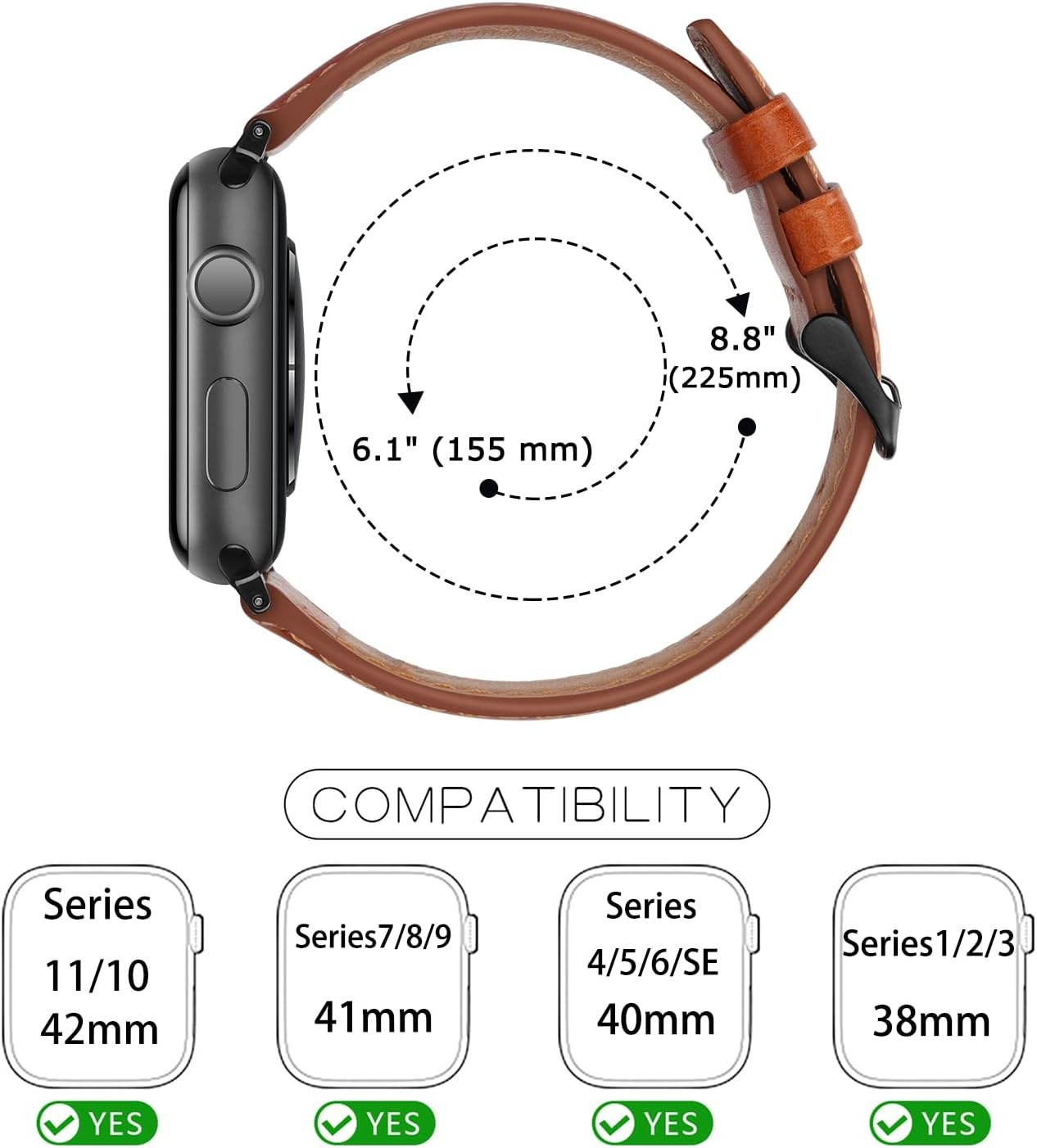 Genuine Leather Band for Apple Watch Series 11 10 42mm Classic Brown