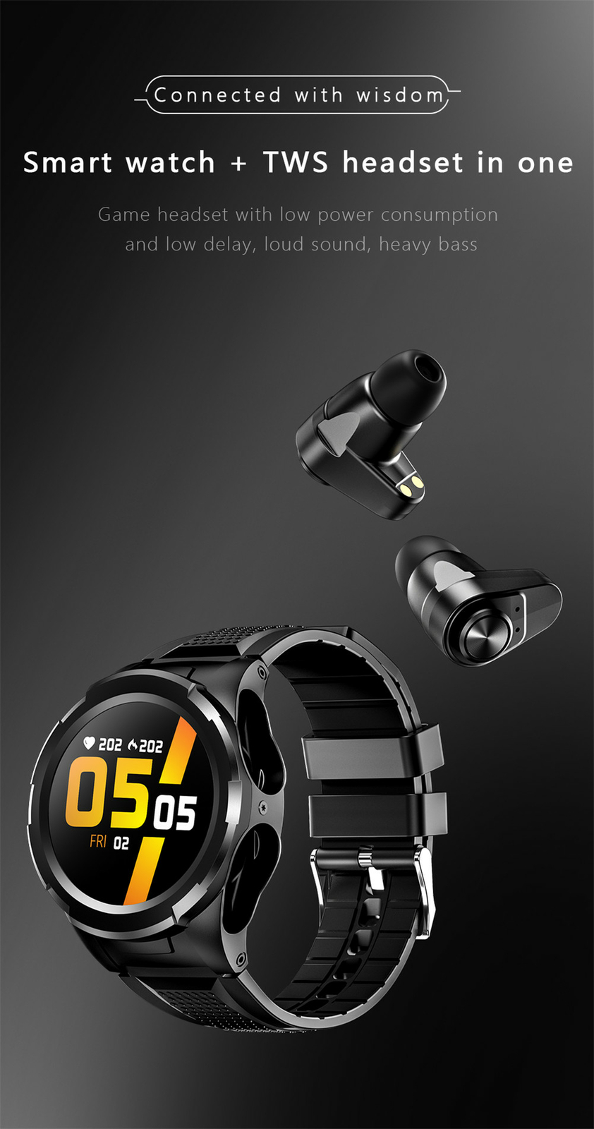 Bluetooth Music Smart Watch with True Wireless Headphones for Android iOS