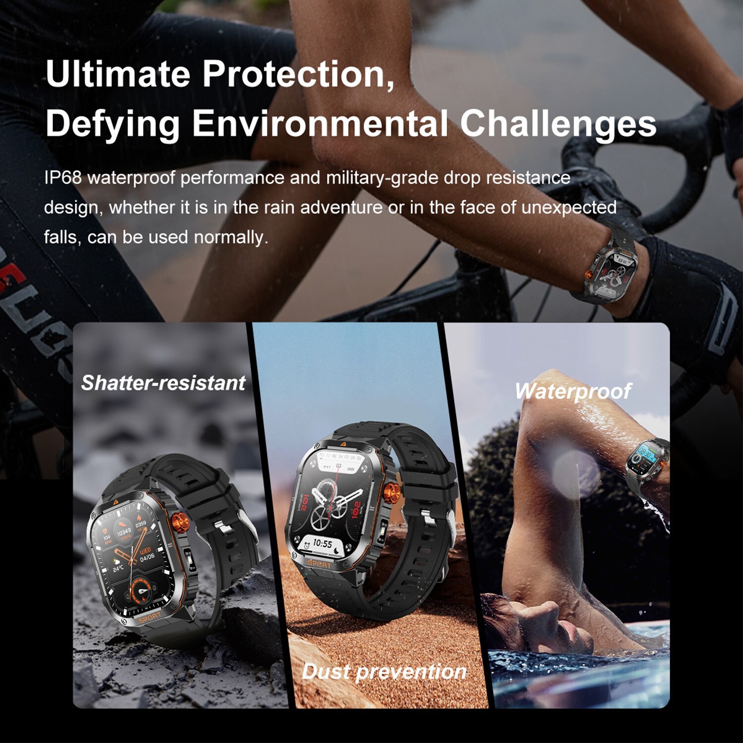 Smart Watch Bluetooth Heart Rate BP Sleep Monitor Waterproof Rugged Sport Watch