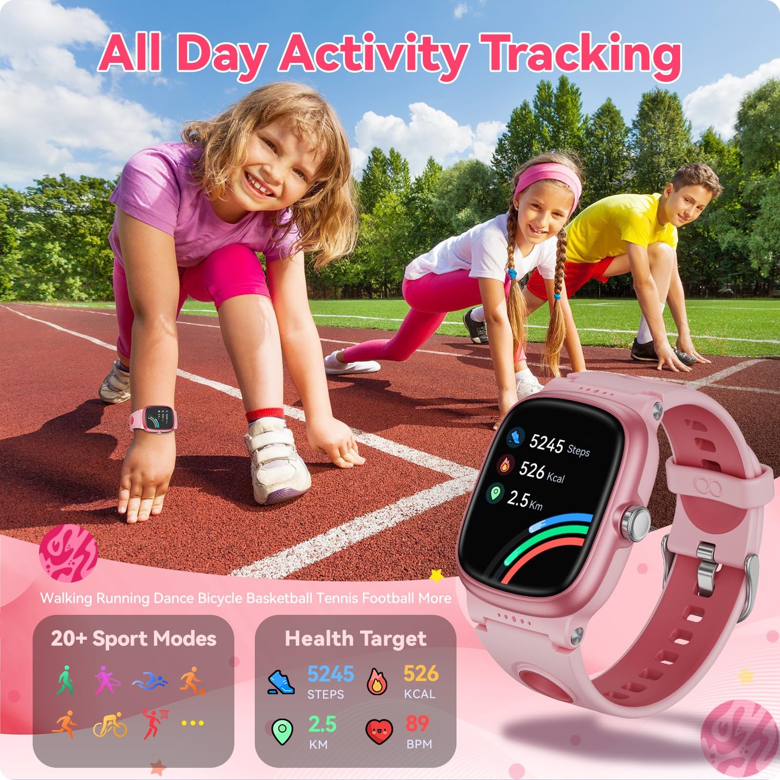 for with Heart Rate Sleep Monitor, Games/Alarm/IP68 Waterproof for Boys Girls…