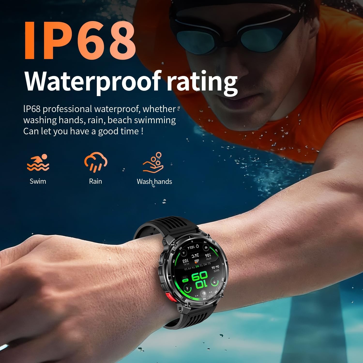 Men’s Military Smart Watch – Fitness Tracker, Waterproof, 100+ Sport Modes, Hear