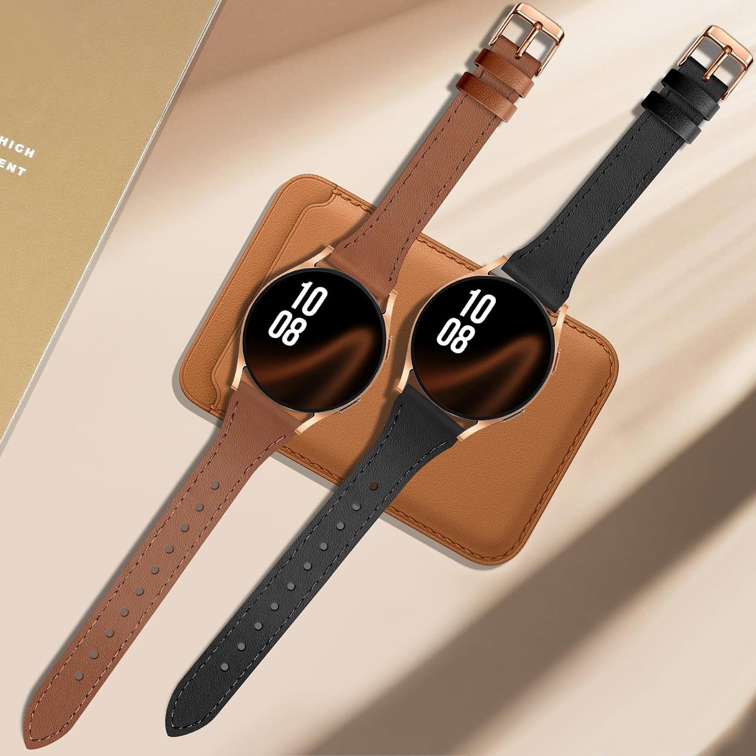 Slim Leather Bands 2 Pack for Samsung Galaxy Watch 40mm 44mm – Soft Thin Straps