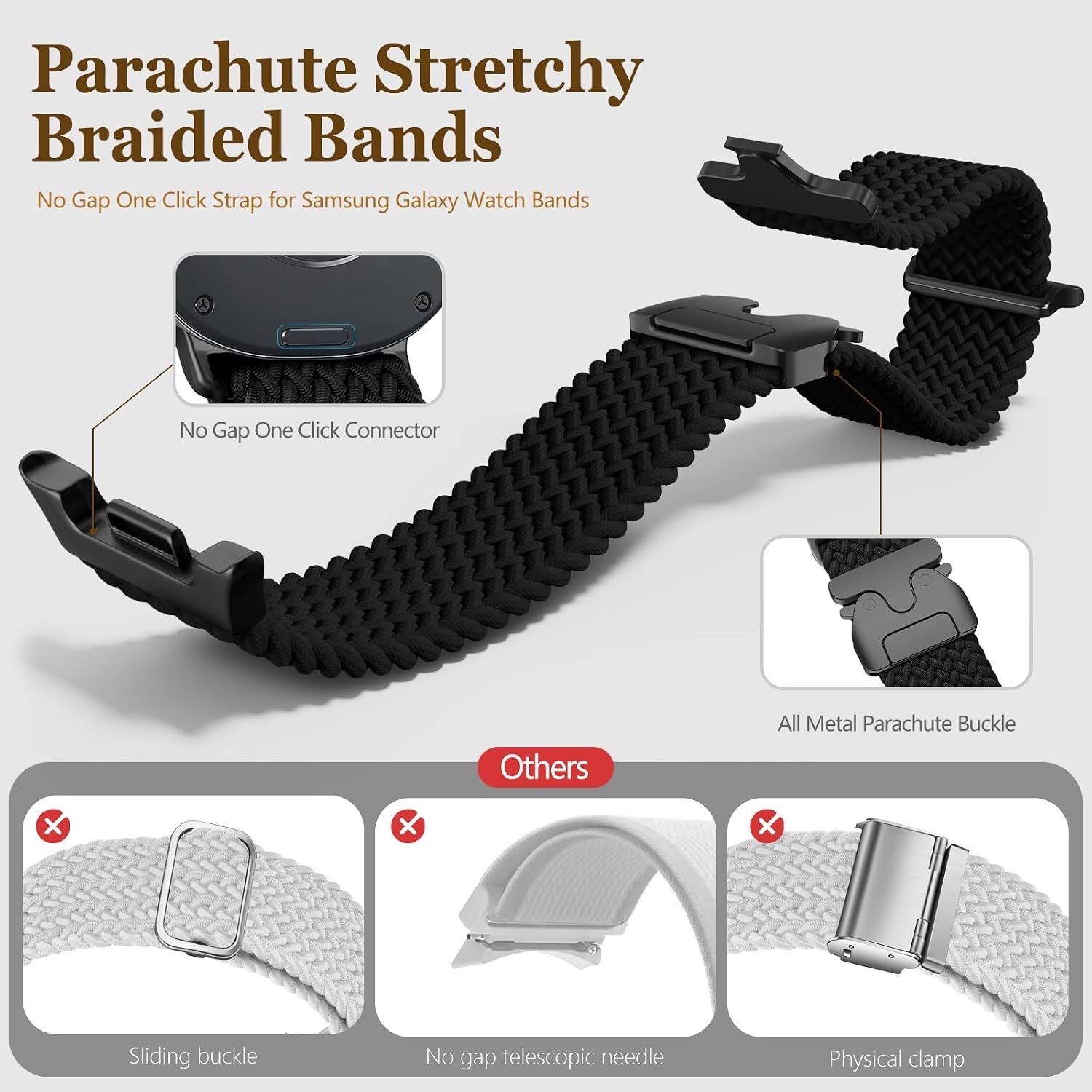 Stretchy Nylon Band for Galaxy Watch 8 Classic 46mm 40mm 44mm, Black Wrist Strap