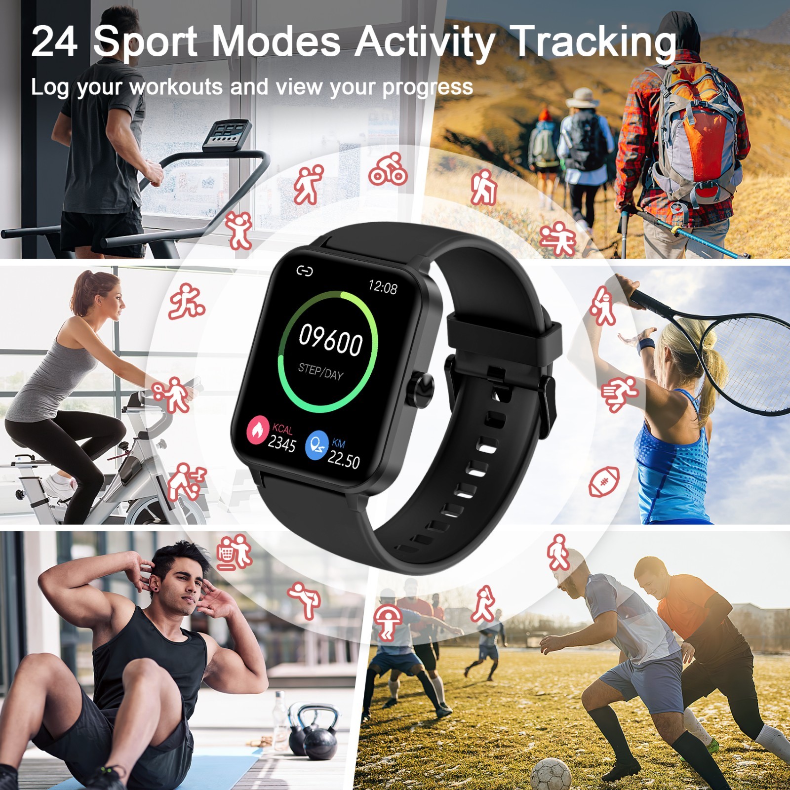 Smartwatch for Men/Women Bluetooth Compatible w/ iPhone Samsung Android Black