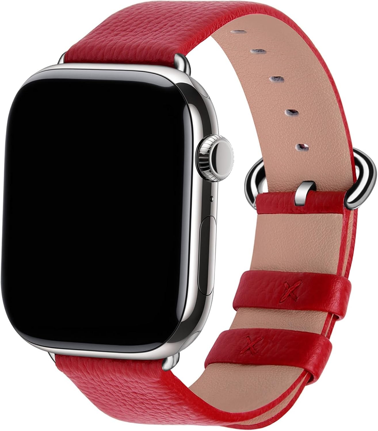 Genuine Leather Strap Compatible with Apple Watch 49/44mm Red & Silver