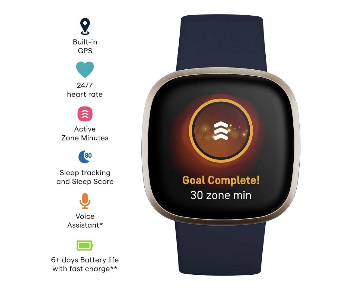 Fitbit Versa 3 GPS Smartwatch Heart Rate Voice Assistant Gold 40mm Blue Band 4GB