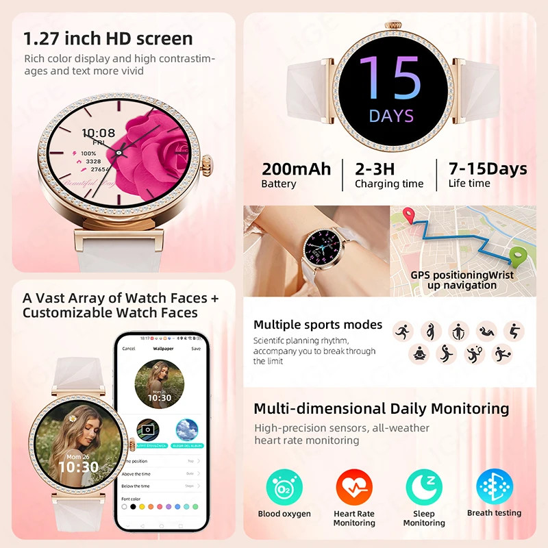Smart Watch For Women Bluetooth Cal Heart Rate Monitor Waterproof Sports Fitness