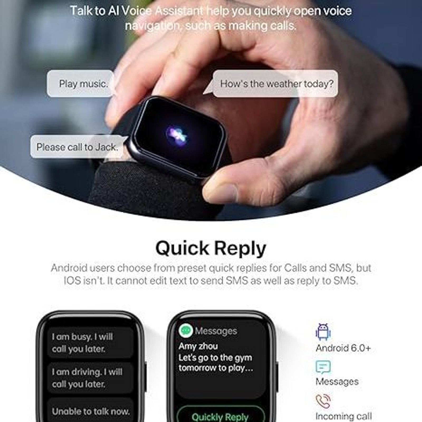 Smart Watch Answer/Make Calls/Quick Reply/AI Voice Assistant, 1.83″ for Android