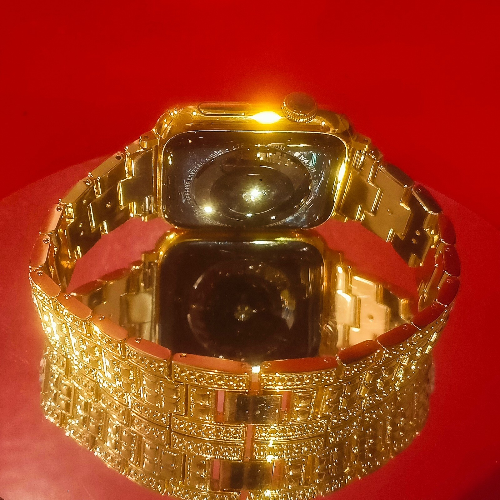 24K Gold Plated Stainless Steel Apple Watch 45mm Simulated Diamond Link Bracelet