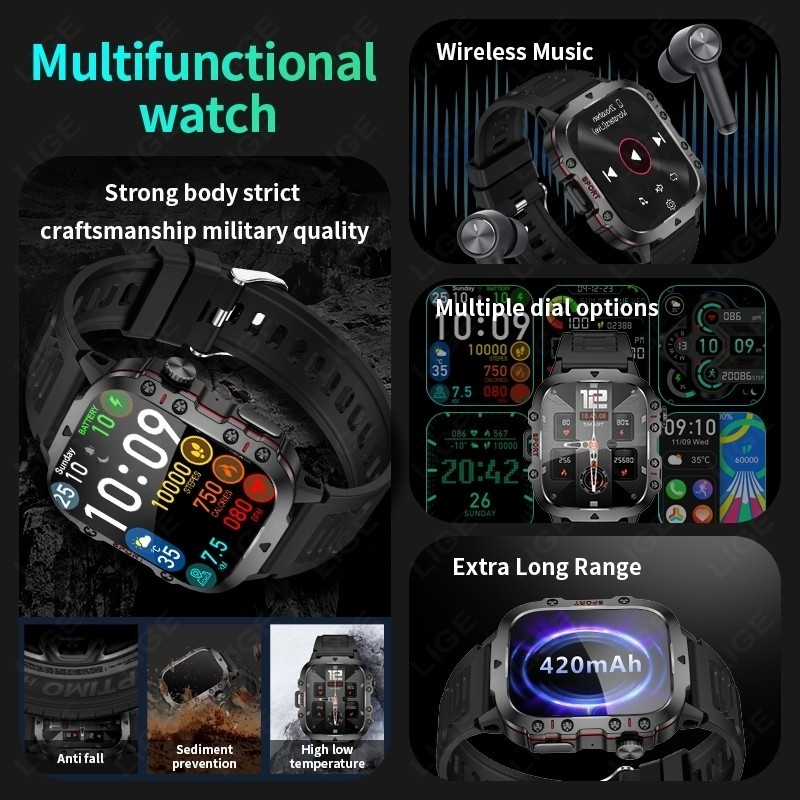 Sport Smart Watch for Men Heart Rate Fitness Tracker LED Flashlight Music Player