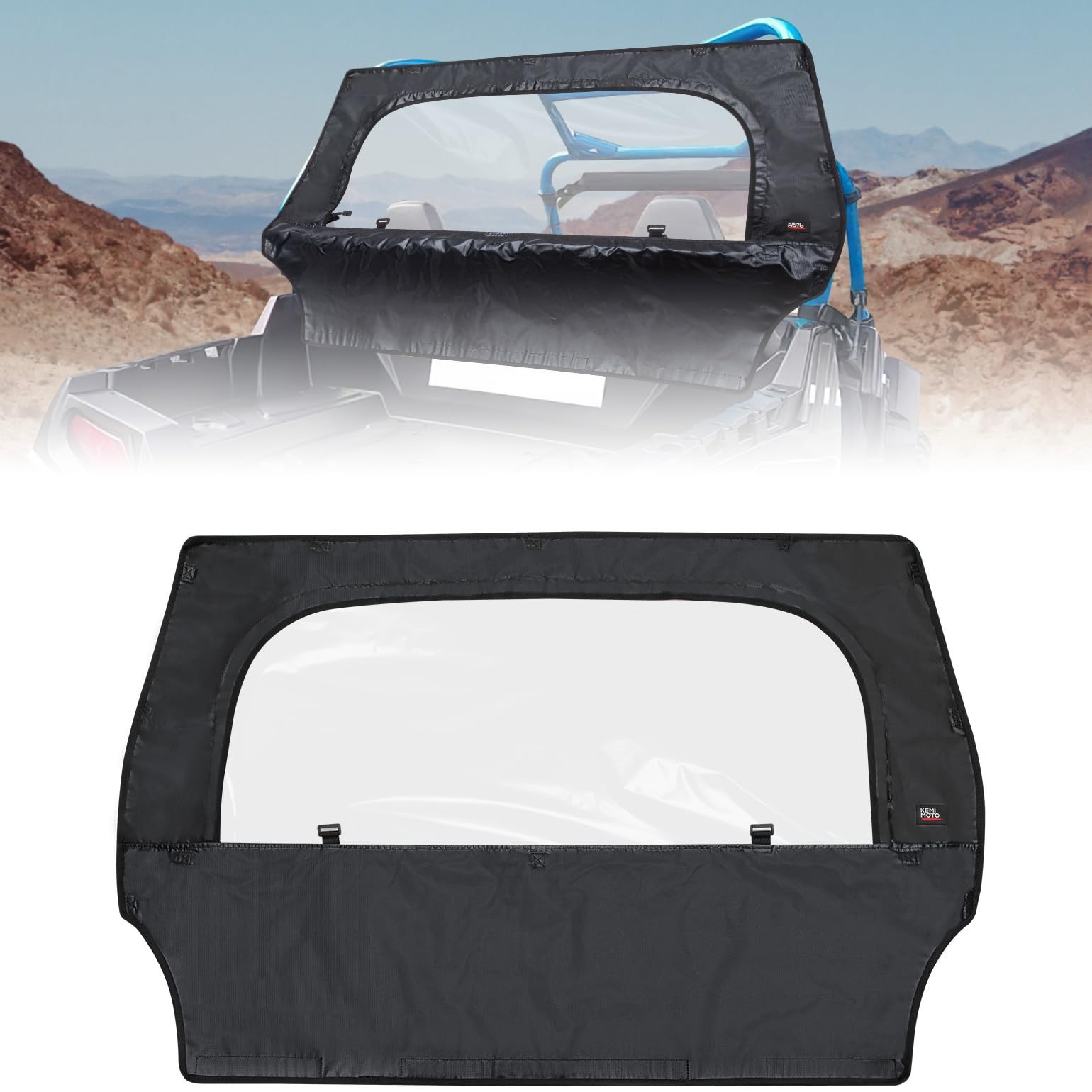 KEMIMOTO UTV Rear Windshield with Zipper Window – Soft, Waterproof Black