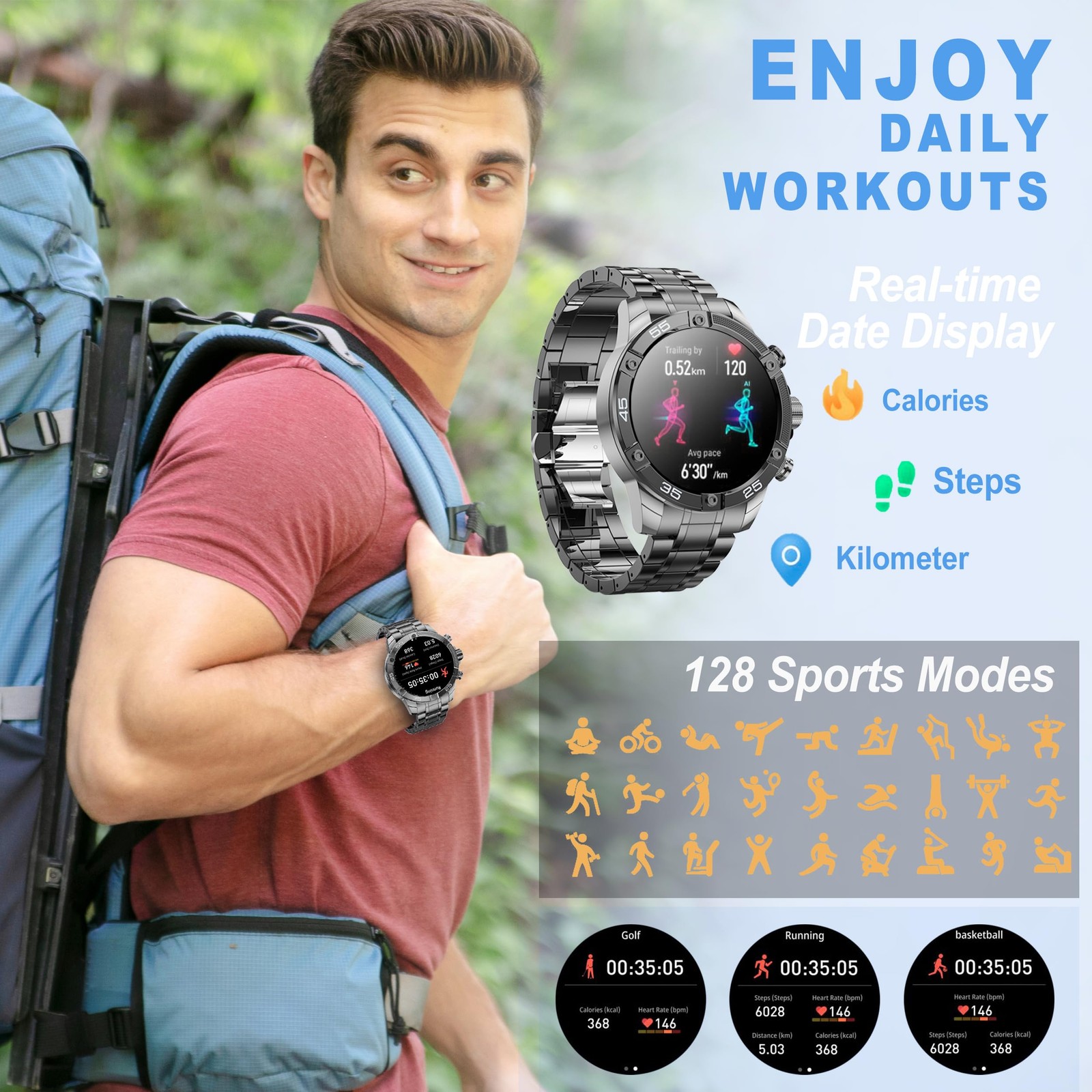 Men’s Round HD 1.53″ Gold Blue Watches for Men, Multiple Sports Modes, Blueto…