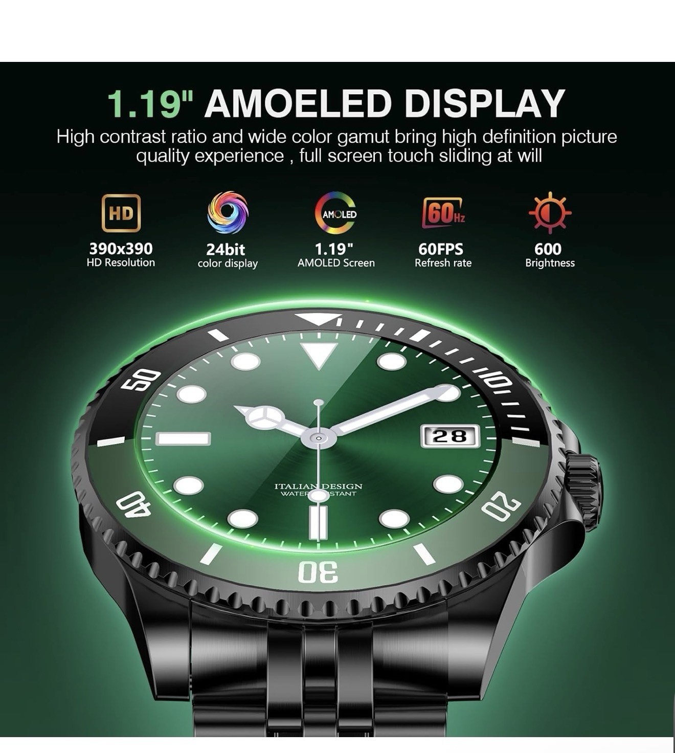 Souyie Smart Watch with Bluetooth Call,1.19-inch AMOLED Display Green Bezel