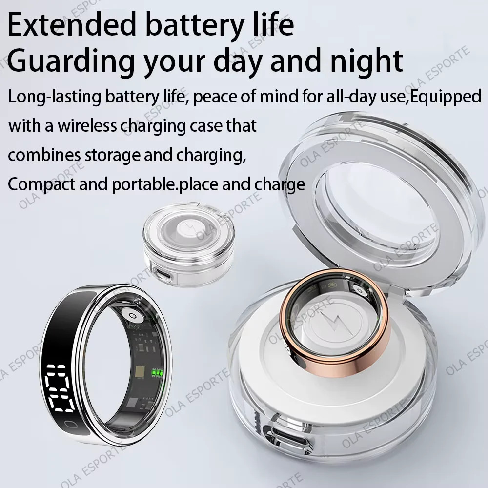 Smart Ring with Display Screen and Touch, Wireless Charging Case, Health Monitor
