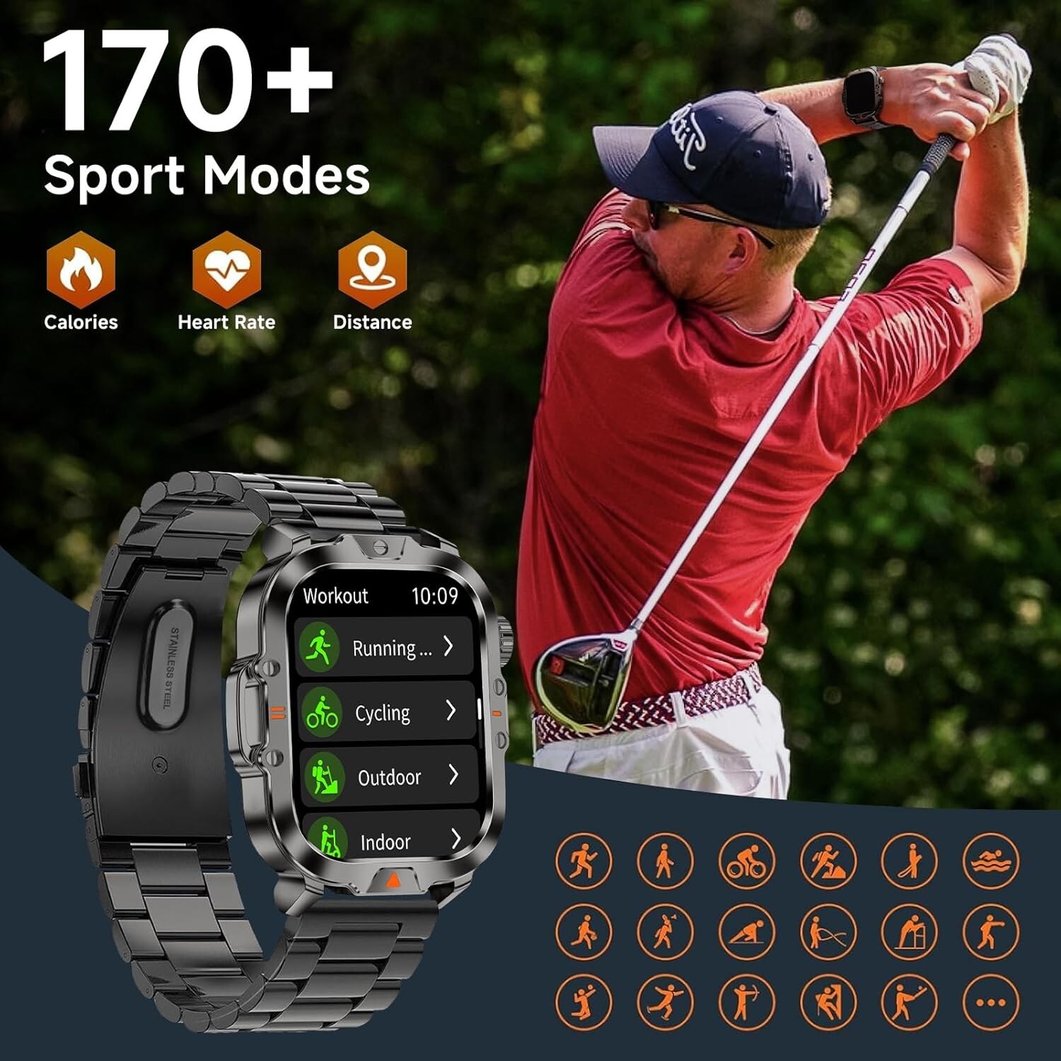2 Free Straps Fathers Day gift Smart Watch Bluetooth GPS Waterproof Android &iOS