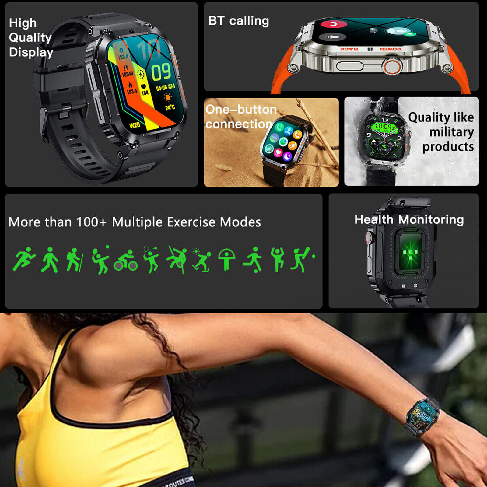 Military Smart Watch 1.96″ HD Outdoor Tactical Rugged Smartwatch Fitness Tracker