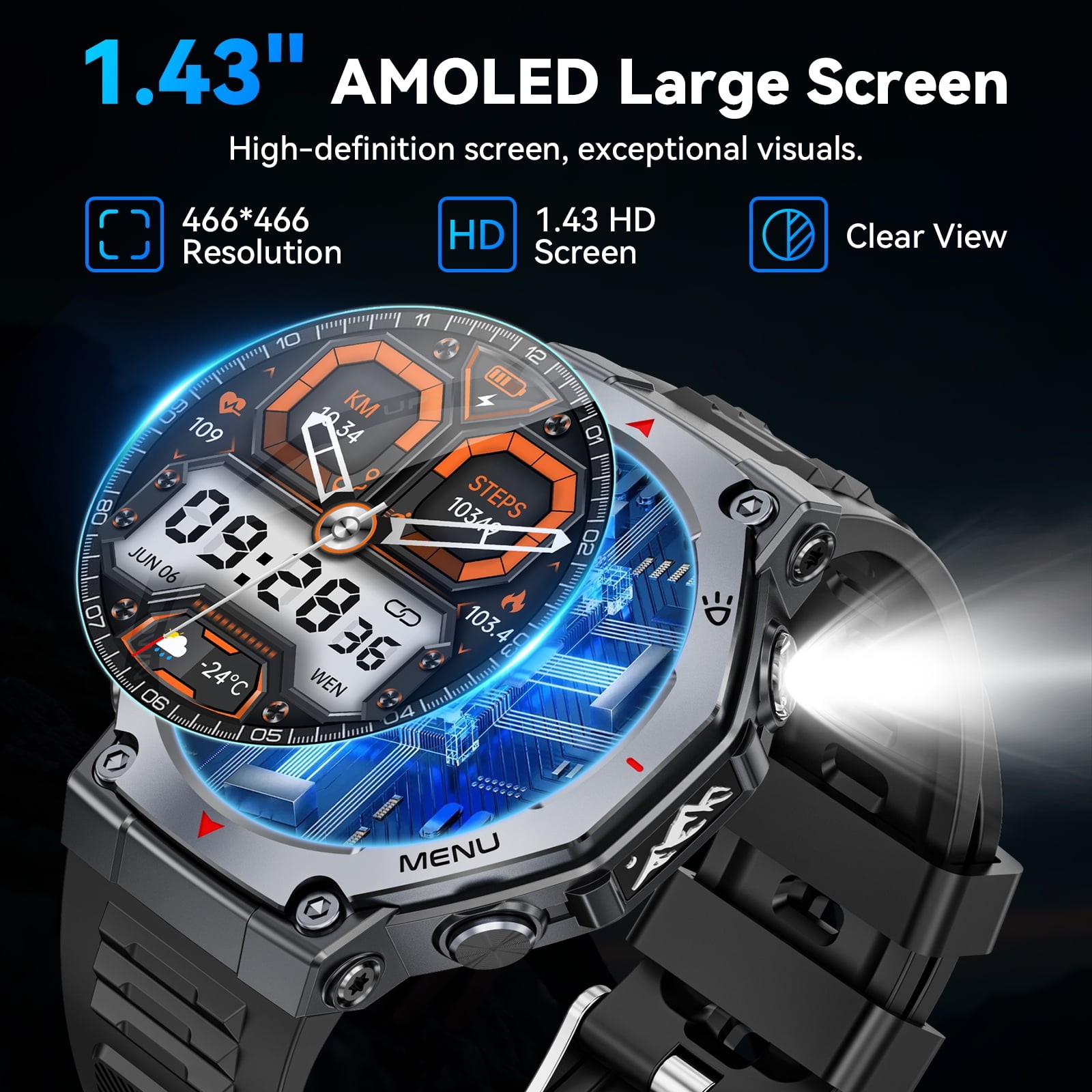 Rugged Smart Watch for Men AMOLED 1.43″ Fitness Tracker Bluetooth Calls