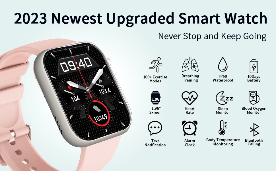 Smart Watch For Women PINK 1.96″ Display Fitness Tracker Body Temperature O2