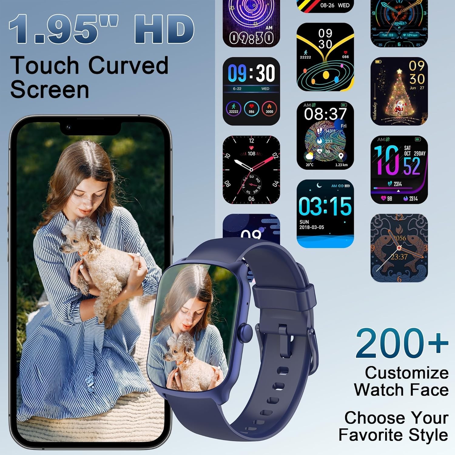 Smart Watch for Men Women 1.95” HD Curved Screen Fitness Tracker Bluetooth Call