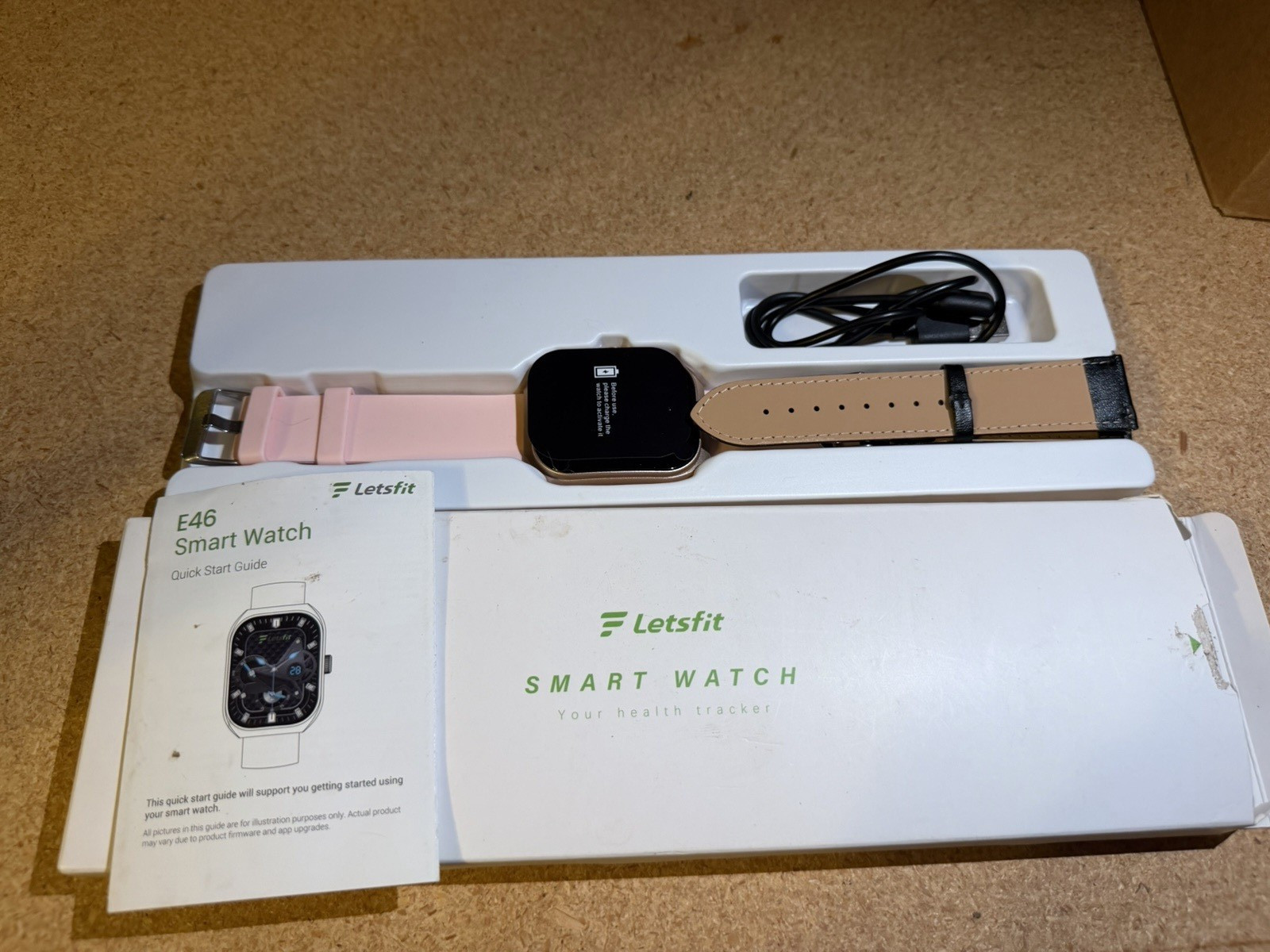 Letsfit E46 Smart Watch 46mm Gold Case Pink and black Silicone Bands Android/iOS