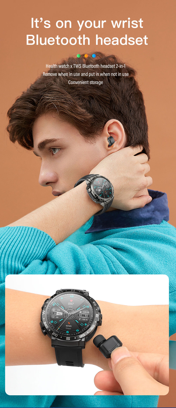 2-in-1 Bluetooth Smart Watch Music Sports Smartwatch with Dual Earbuds
