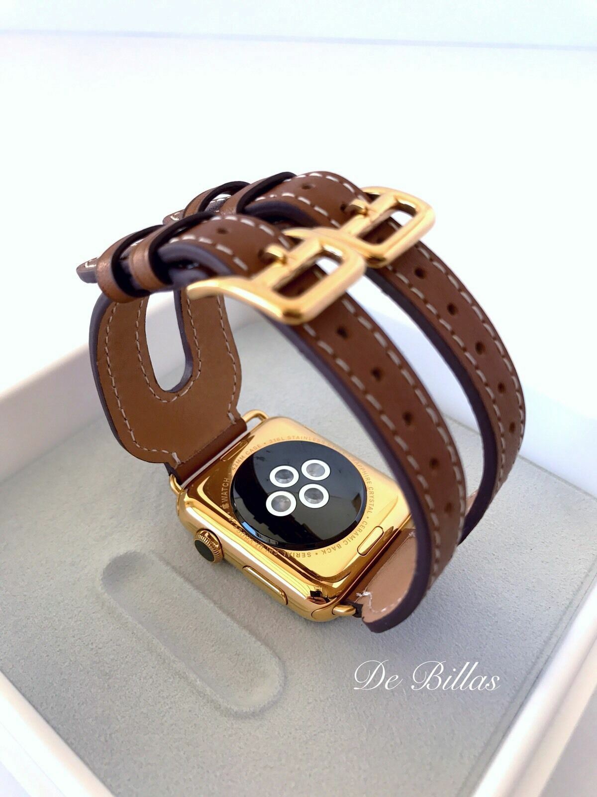 24K Gold Plated 44MM Apple Watch Series 6 with Leather Etoupe Double Buckle Cuff