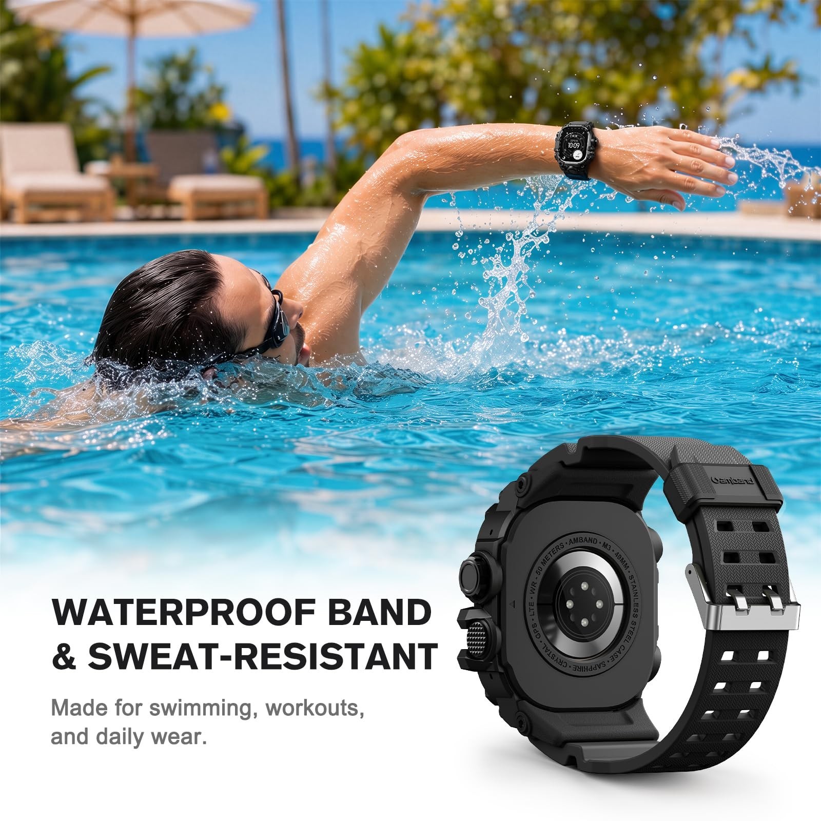 Rugged Protective Case & Band for Apple Watch Ultra 49mm, 9H Tempered Glass, Bla