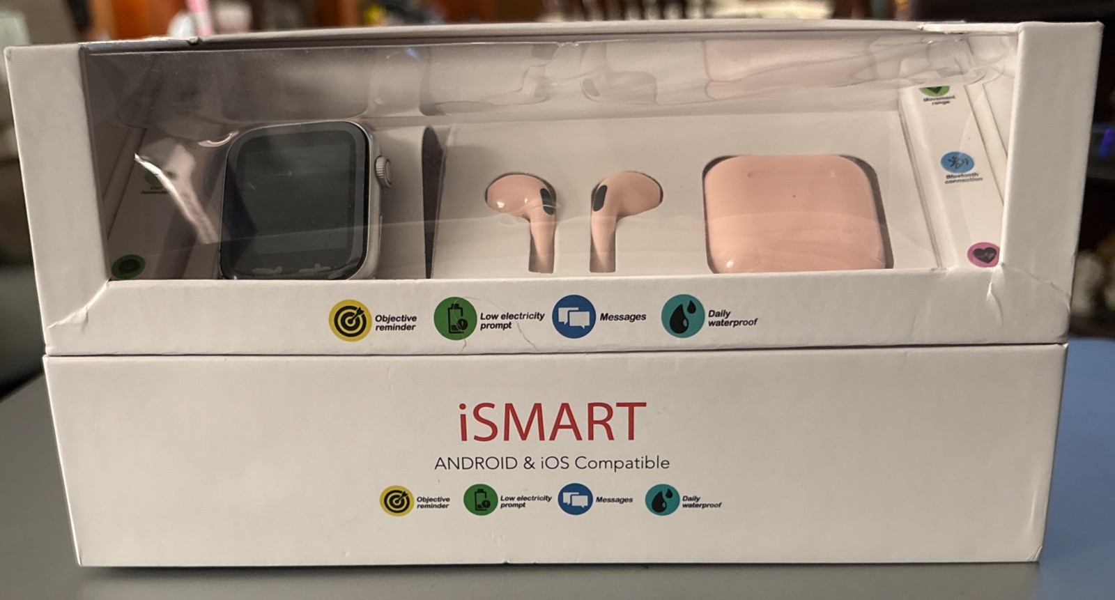 NEW iSMART Smart Watch 38mm Pink Metal Case & Silicone Band & Earbuds Bluetooth