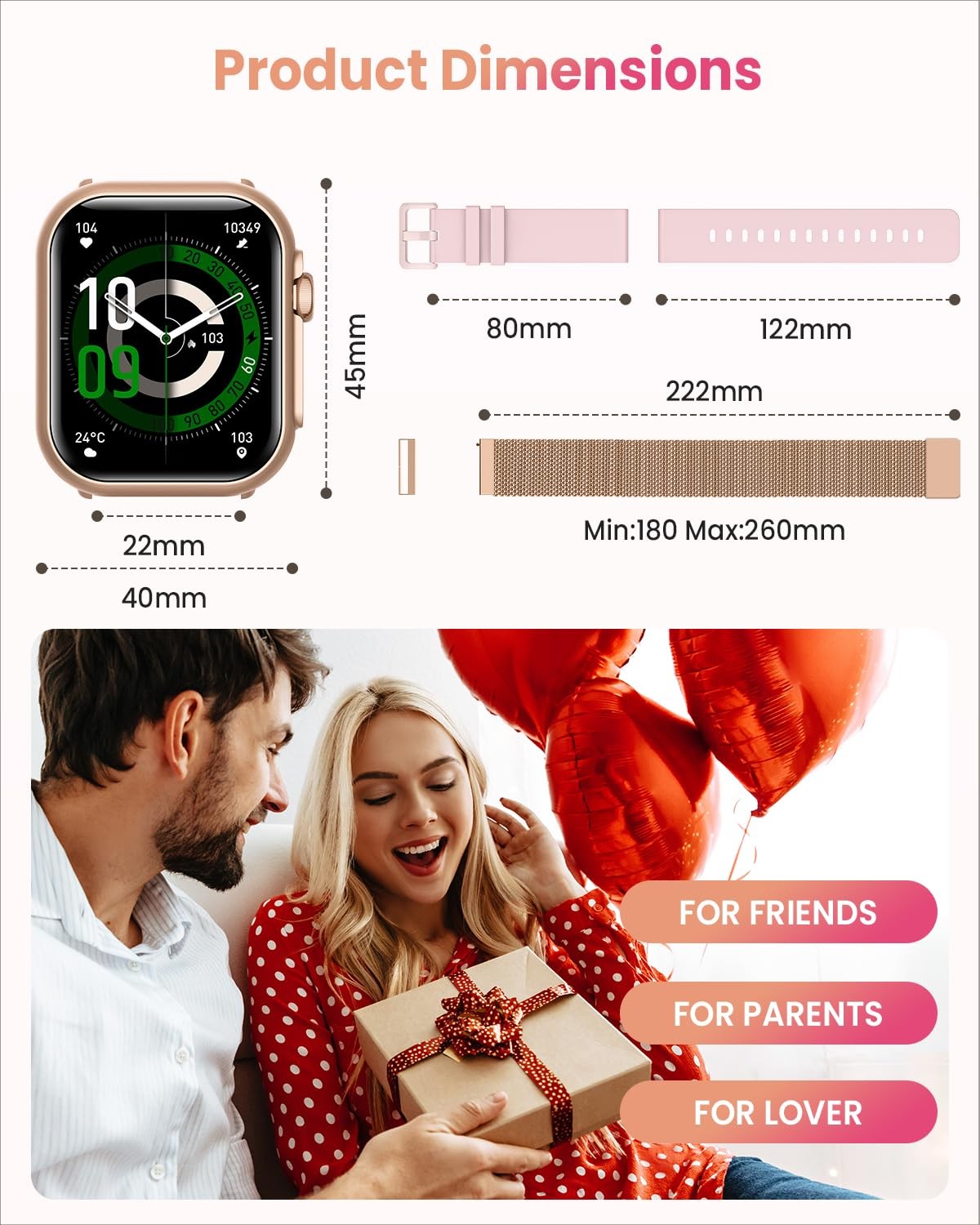 Smart Watch for Women Men Fitness: 1.85, Gold-Pink