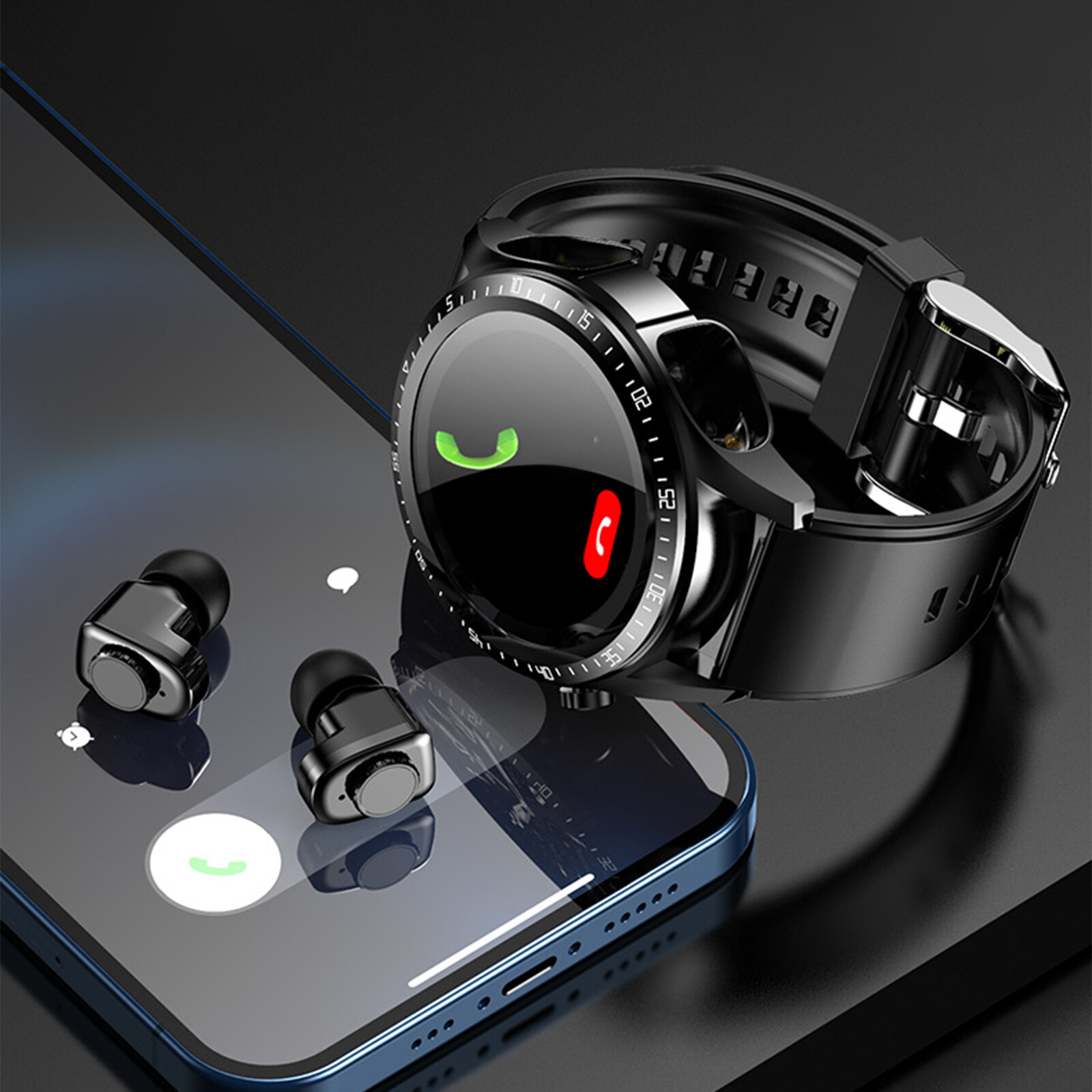 For Android Phone Smart Watch W/Earbuds Men Smartwatch 2-in-1 Wireless Headset
