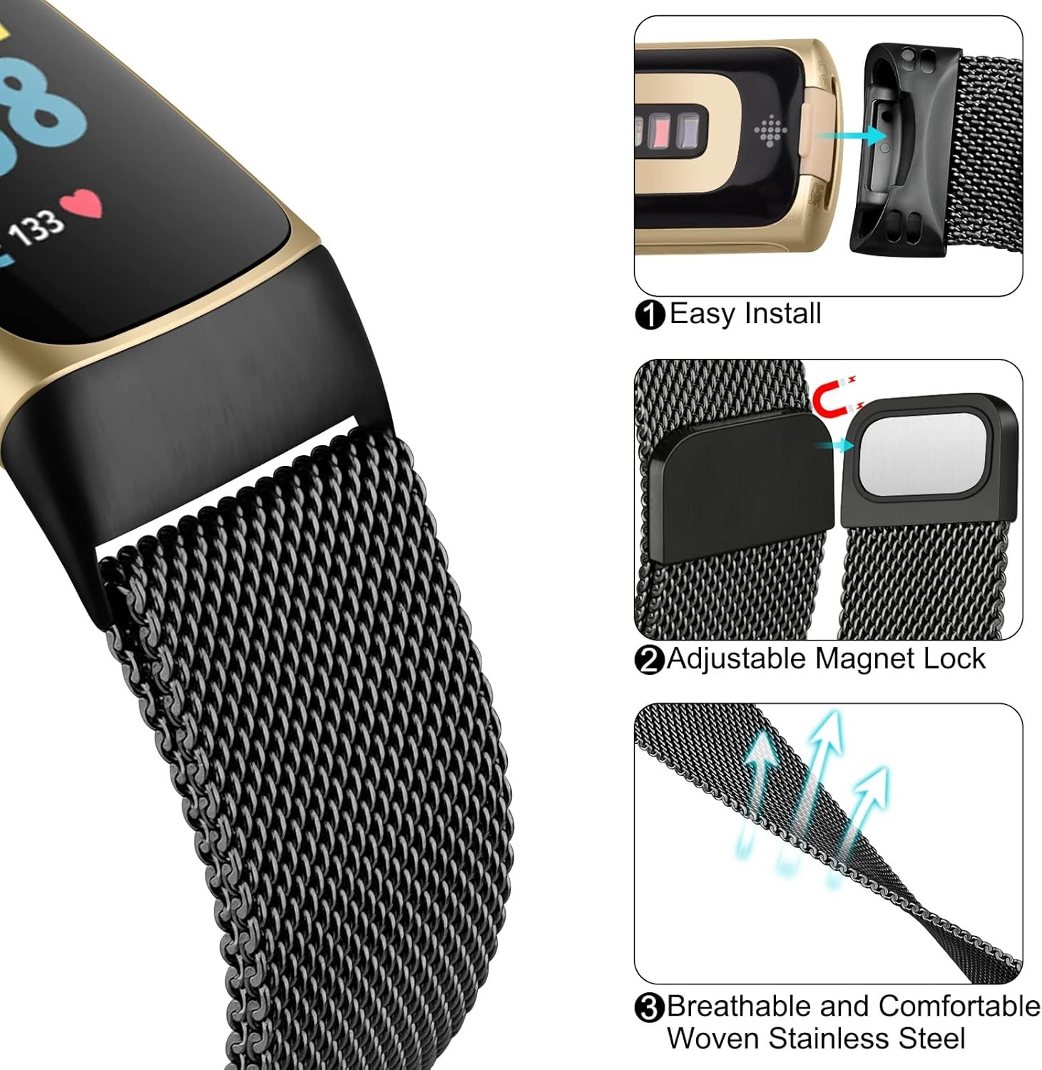 Adjustable Black Stainless Steel Mesh Band for Fitbit Charge 6 Fitness Tracker