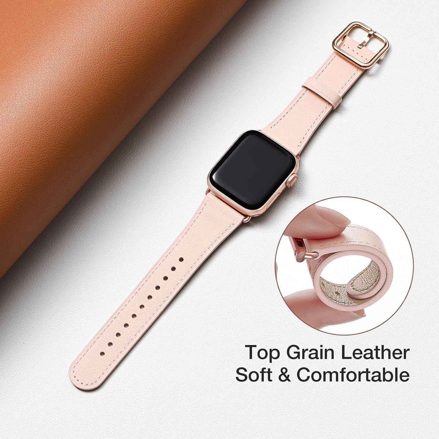 Leather Strap Compatible with Apple Watch Series 7 44mm Pink Sand/Rose Gold