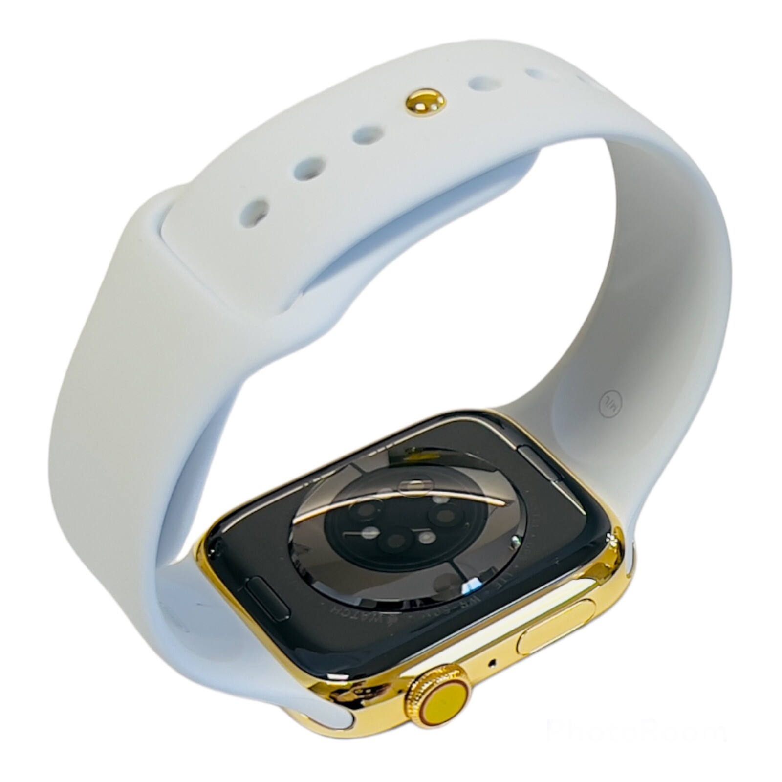 Custom 24K Gold Plated 45MM Apple Watch SERIES 9 White Sport Band Gold Dial