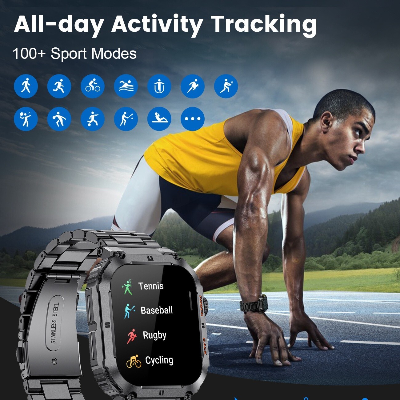 Smart Watch Men Fitness Rugged w/ LED Flashlight 2.02″ HD Screen 5ATM Waterproof