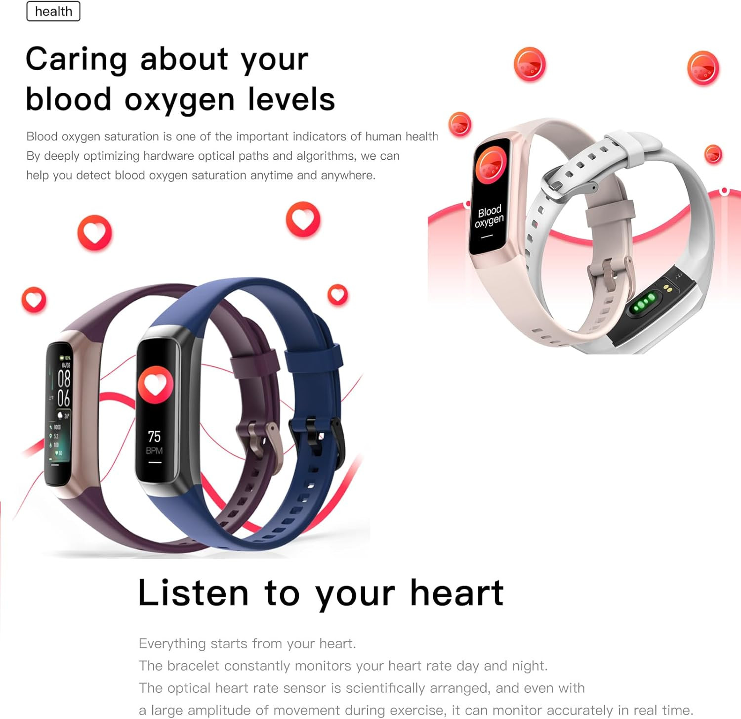 Slim Fitness Tracker Watch Heart Rate BP O2 Monitor iOS Android Waterproof OLED
