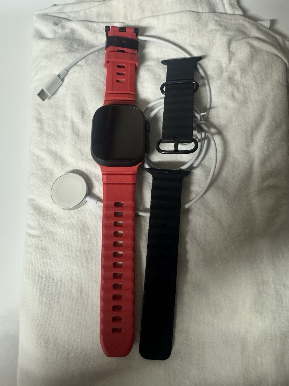 Apple Smart Watch Red Silicone Band Extra Black Band Black Aluminum Case