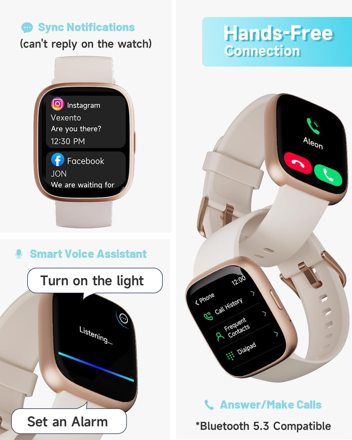 Smart Watch with Alexa Built-in Answer/Make Calls Fitness H.Rate – Porcelain