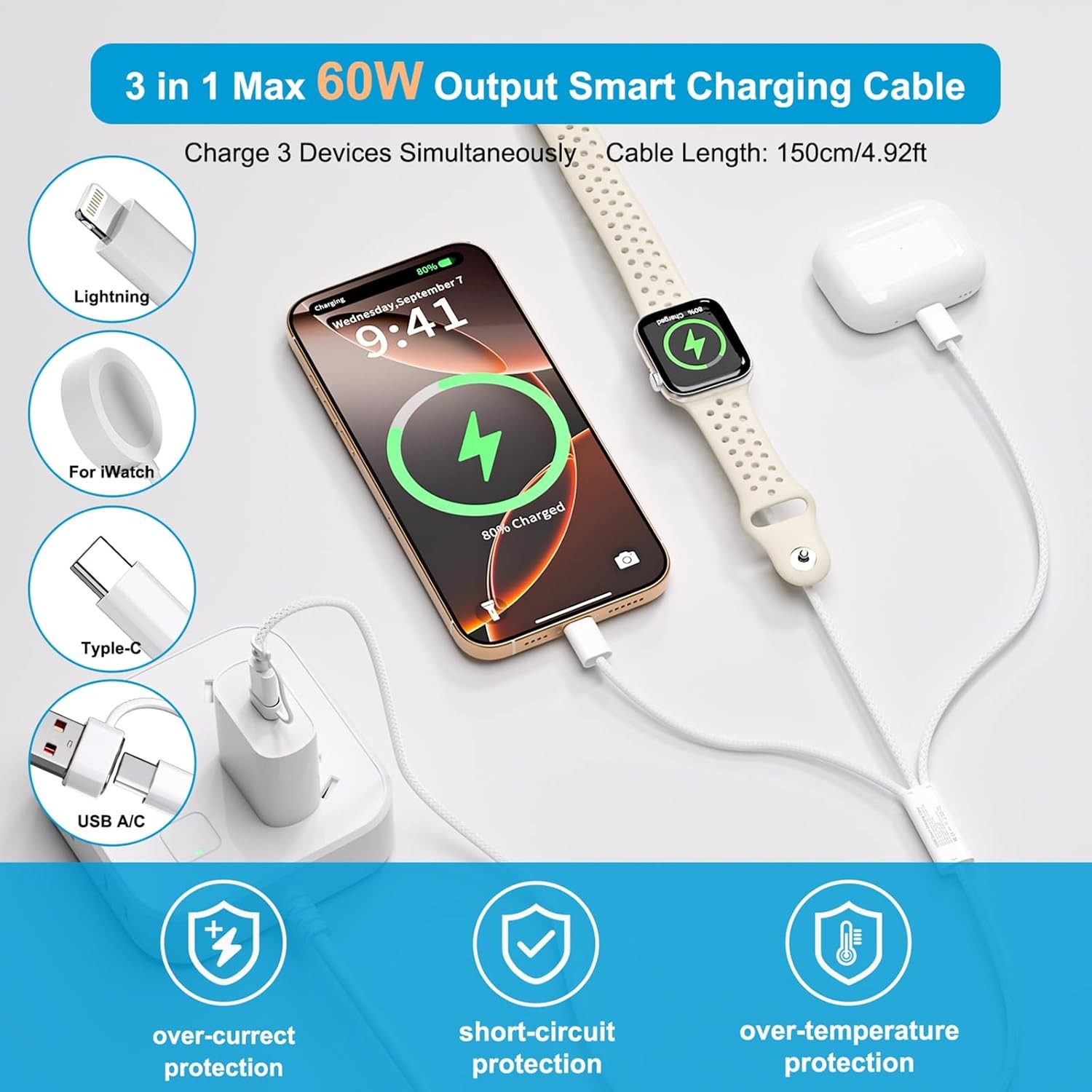 60W 3 in 1 Multi Chargers Cable for Apple Watch Fast Charging, 5FT iWatch Charge