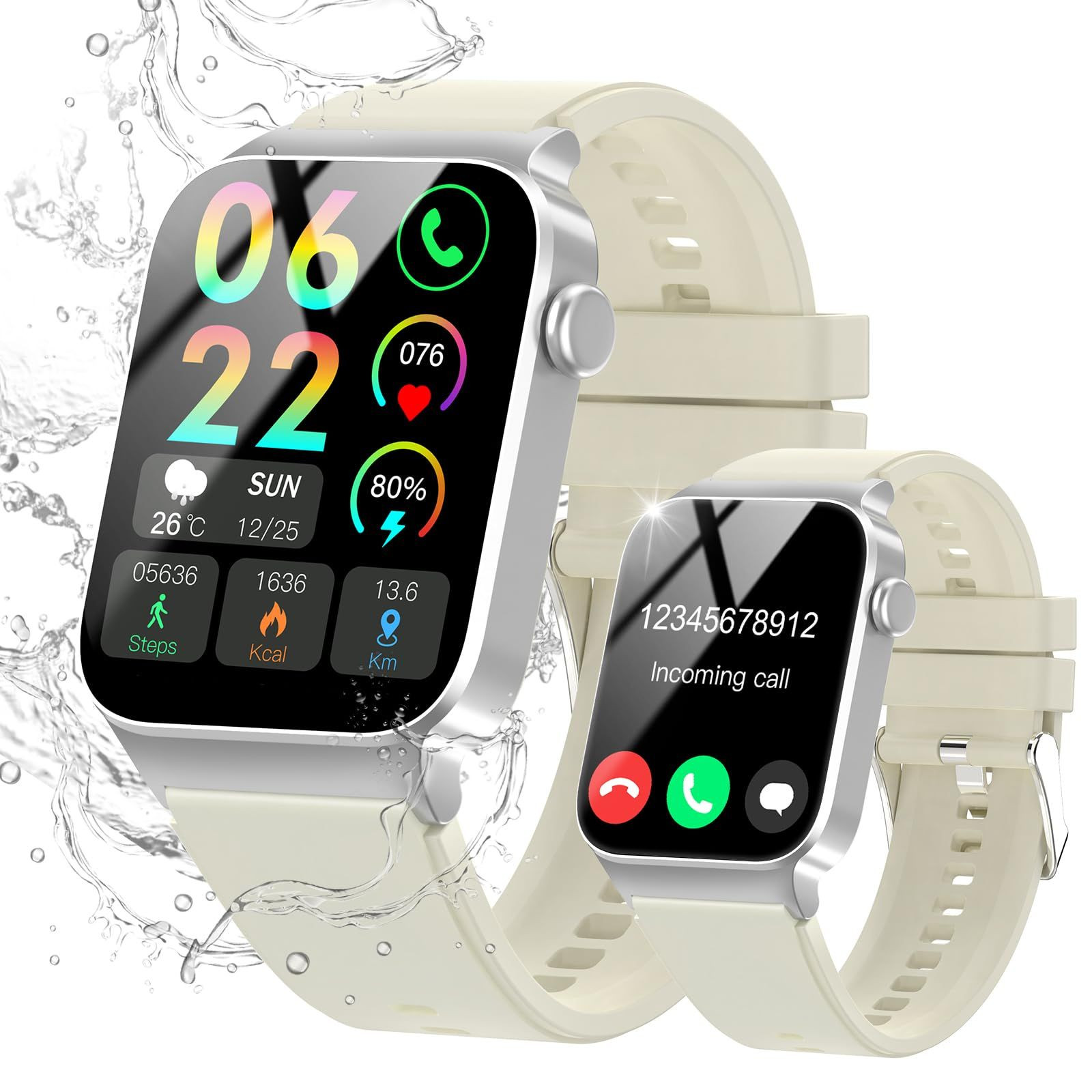 STECEi Smart Watch for Men Women Bluetooth Call, 1.85″ HD Screen M, Off White